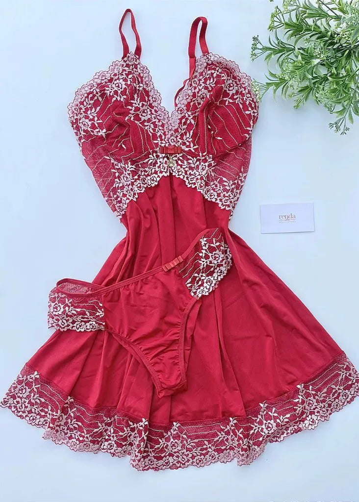 Conjunto de Camisola + Calcinha – Pepper Red and Off-White