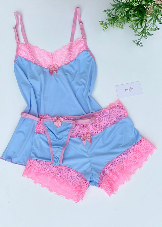 Conjunto de pijama curto + calcinha - Baby Blue and Bubbaloo Pink