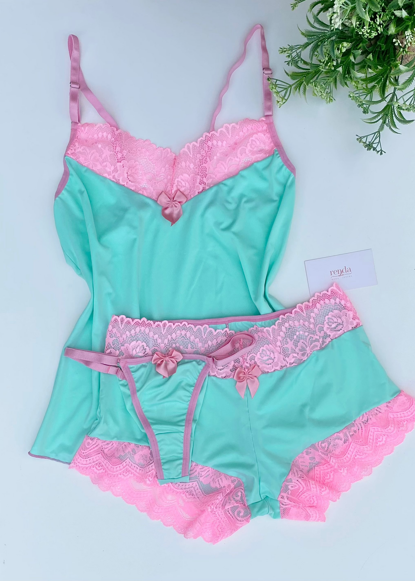 Conjunto de pijama curto + calcinha - Mint Green and Bubbaloo Pink