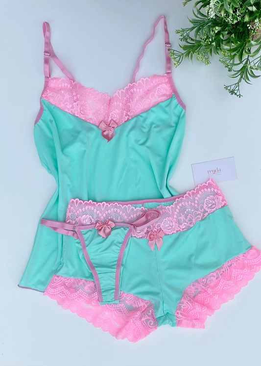 Conjunto de pijama curto + calcinha - Mint Green and Bubbaloo Pink