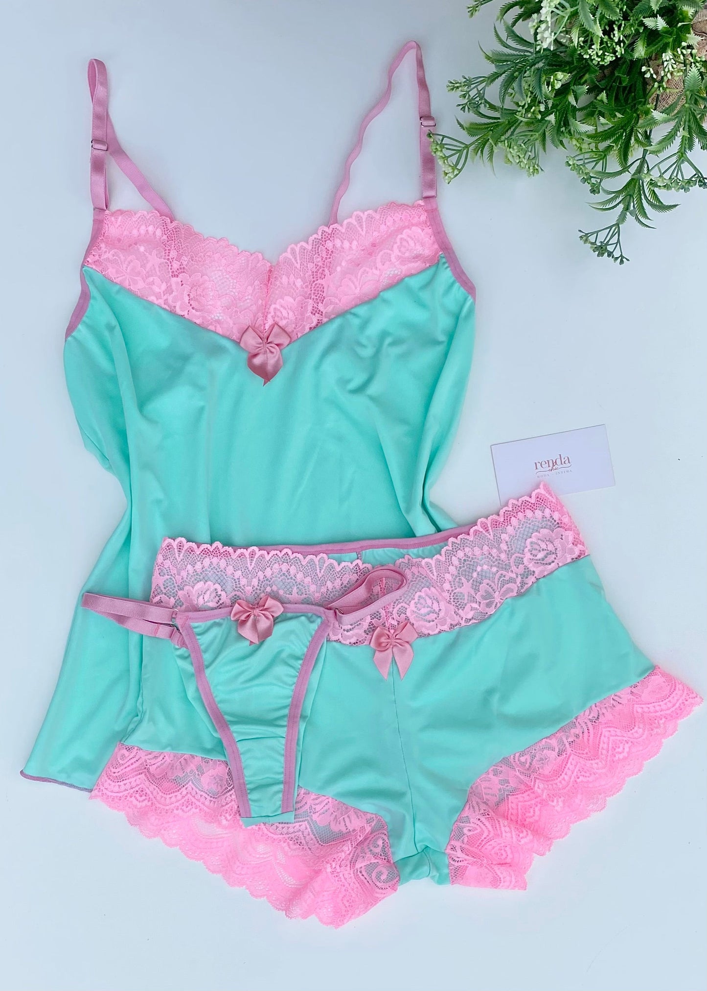 Conjunto de pijama curto + calcinha - Mint Green and Bubbaloo Pink