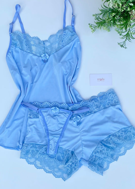 Édition Bleu Ciel — Combo 5 peças: Conjunto de pijama curto + Conjunto Douce Désiré