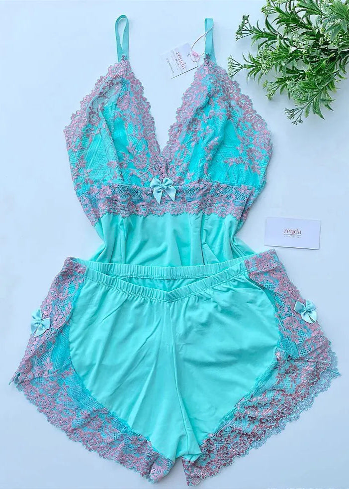 Conjunto de pijama curto - Light Green and Pink