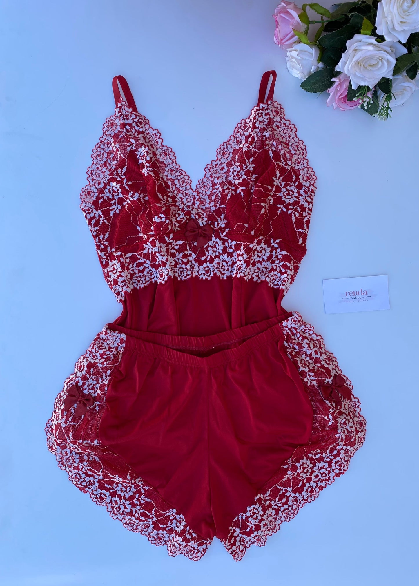 Conjunto de pijama curto - Rubi Red and Off-White