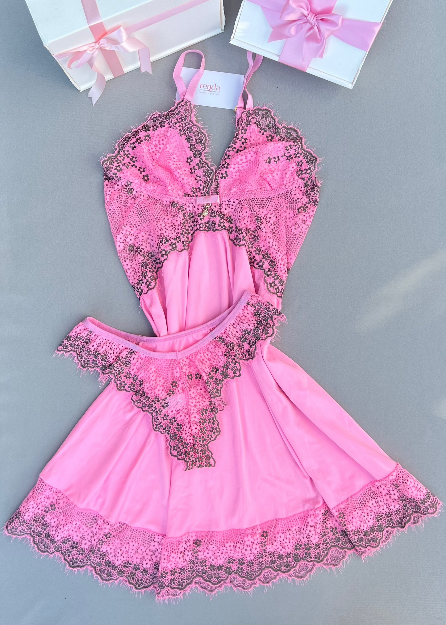Édition Lierre Rose et Noir — Combo 4 peças: Camisola + calcinha + Conjunto Elisée