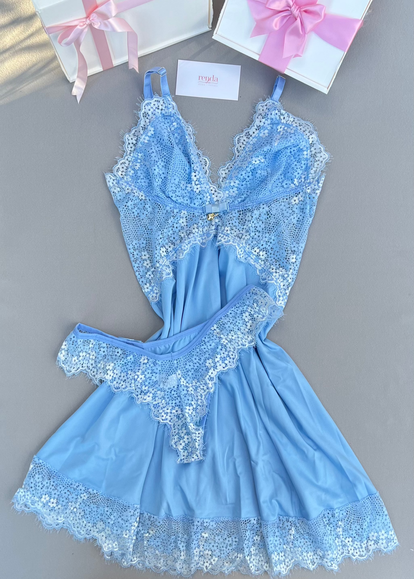 Conjunto de Camisola + Calcinha – Sky Blue and Off-White