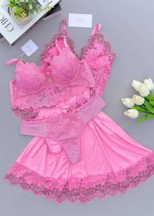 Édition Lierre Rose et Noir — Combo 4 peças: Camisola + calcinha + Conjunto Elisée