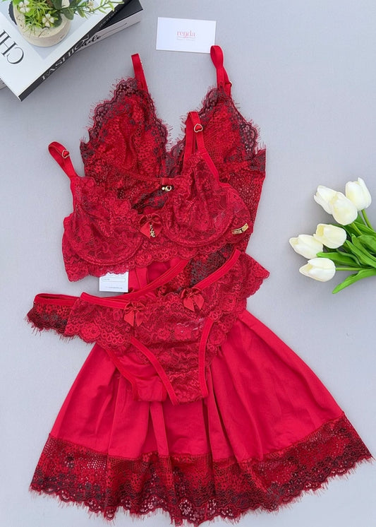 Édition Rouge Élégance — Combo 5 peças: Robe, Camisola, Calcinha + Conjunto Jolie Dent