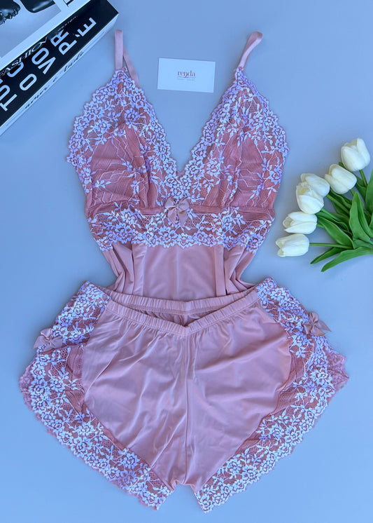 Conjunto de pijama curto - Pastel Pink and Off-White