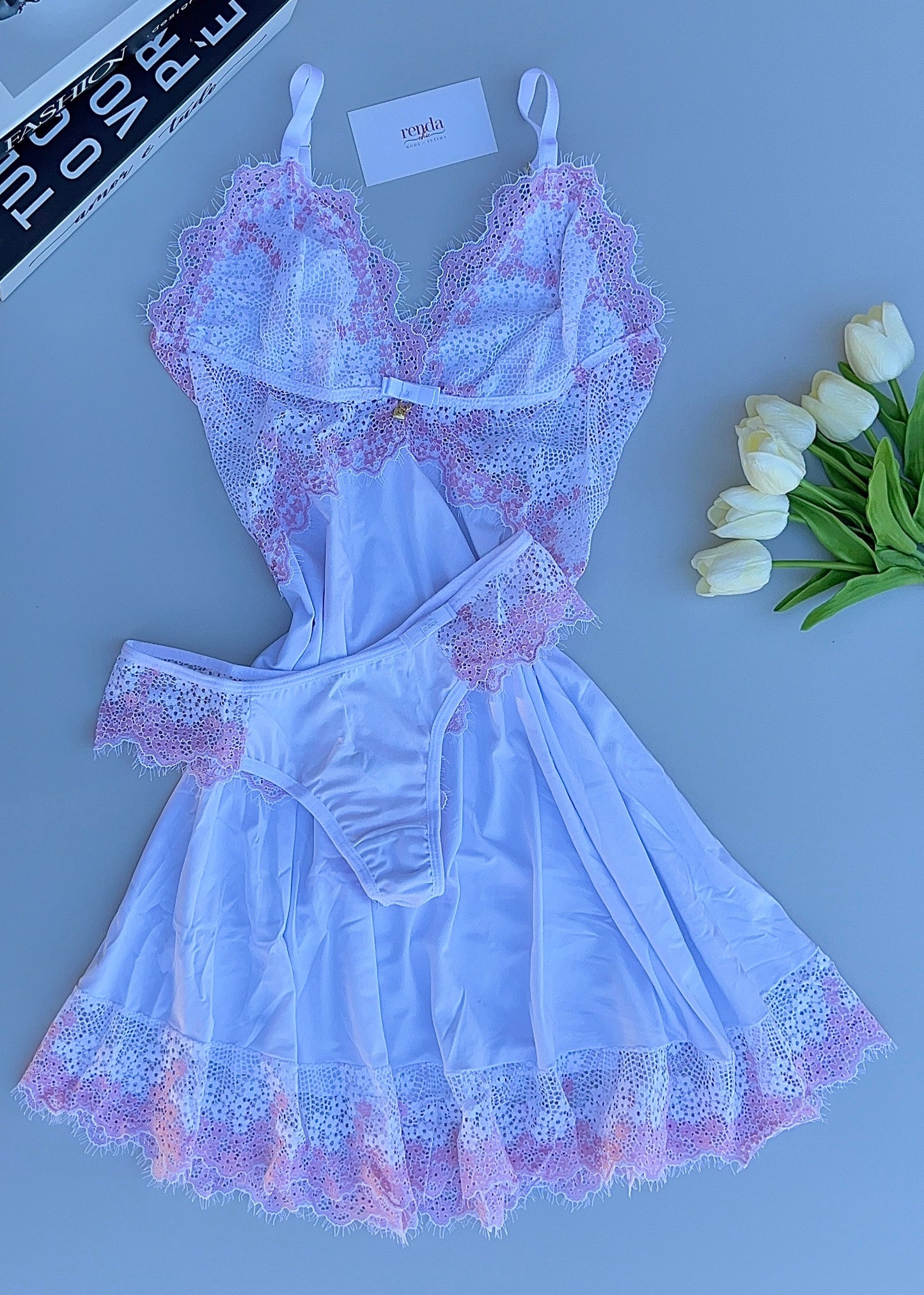 Conjunto de Camisola + Calcinha – White and Baby Pink
