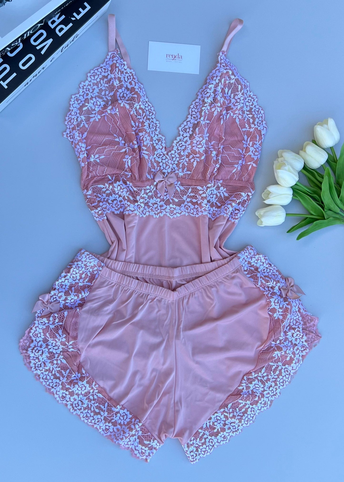 Conjunto de pijama curto - Pastel Pink and Off-White