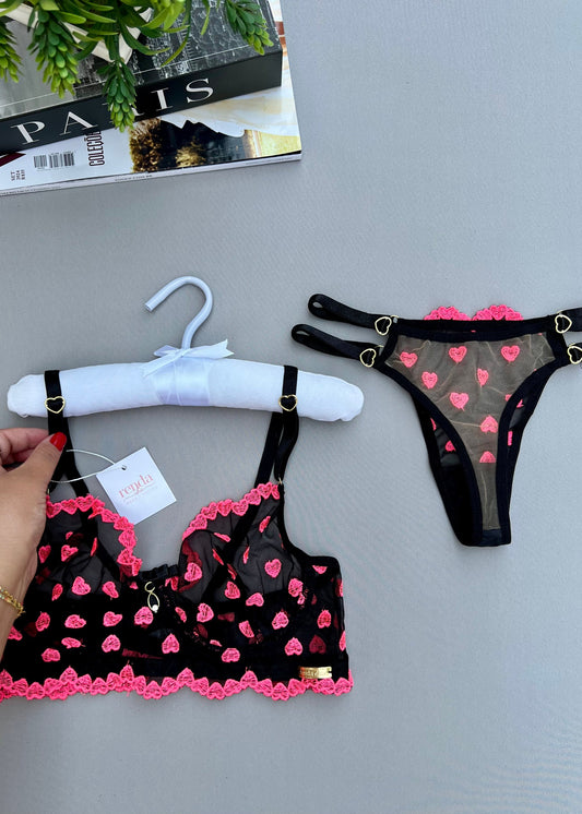 Conjunto Amour Désiré Noir et Rose - Tule bordado com corações - fio duplo