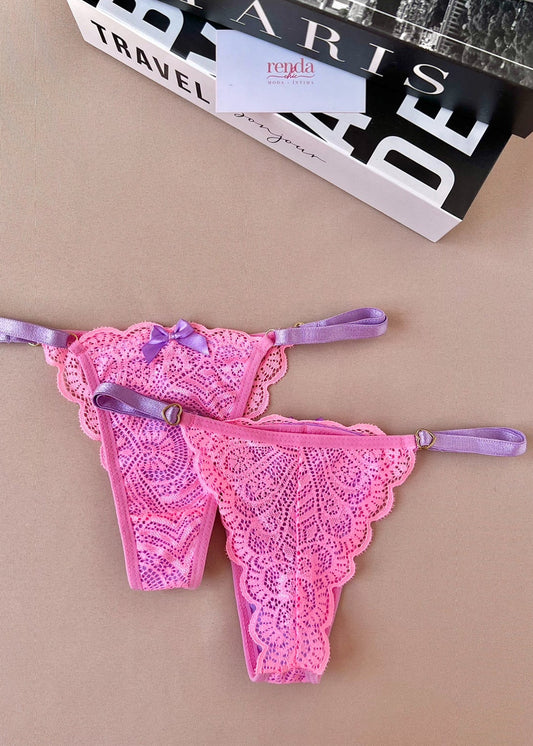 Édition Bubbaloo Pink and Lavander — Combo 3 peças: Camisola e Calcinha + Calcinha Fio com regulagem de coração