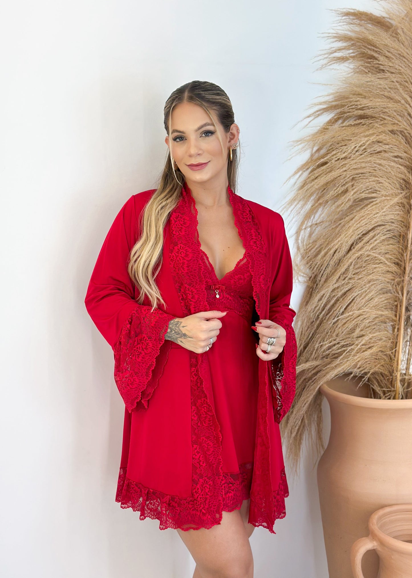 Kit Robe + Conjunto de Camisola + Calcinha - Rubi Red