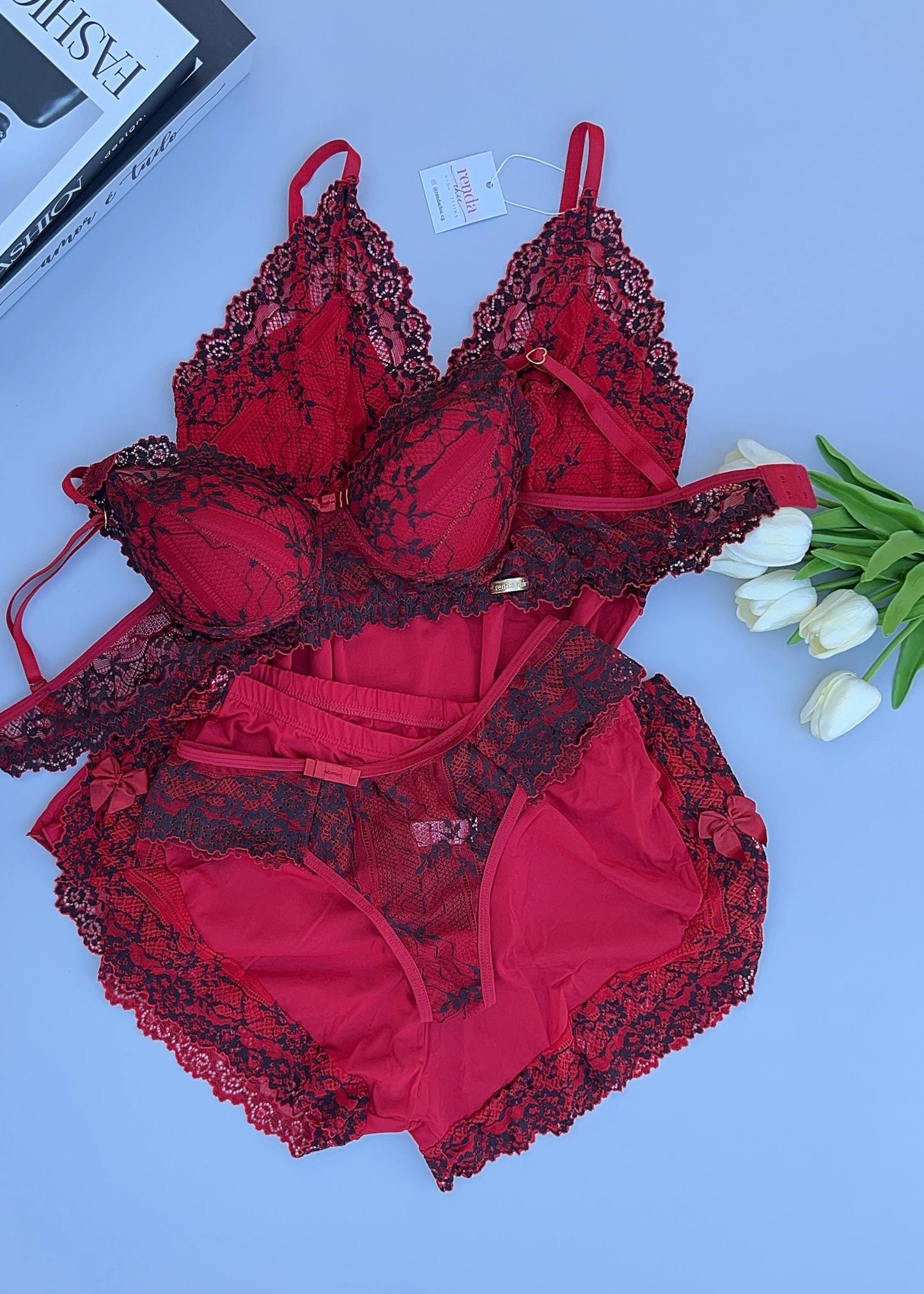 Édition Red and Black Pepper — Combo 4 peças: Conjunto de pijama curto + Conjunto Essentiel