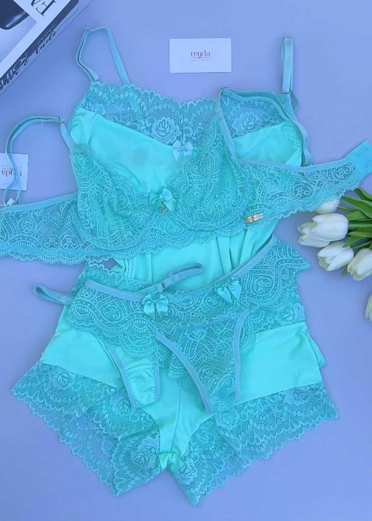 Édition Mint Green — Combo 5 peças: Conjunto de pijama curto + Conjunto Jolie Dentelle