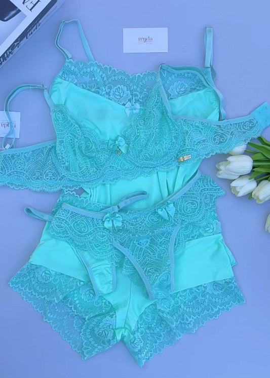 Édition Mint Green — Combo 5 peças: Conjunto de pijama curto + Conjunto Jolie Dentelle