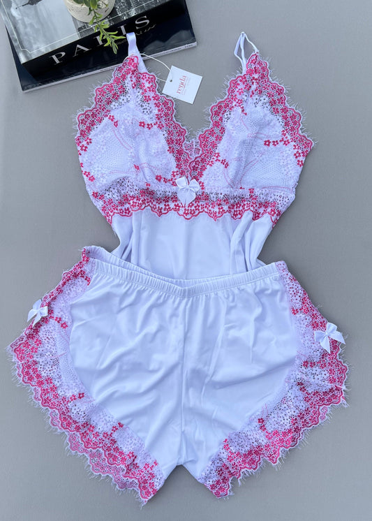 Conjunto de pijama curto - White and Ruby Pink