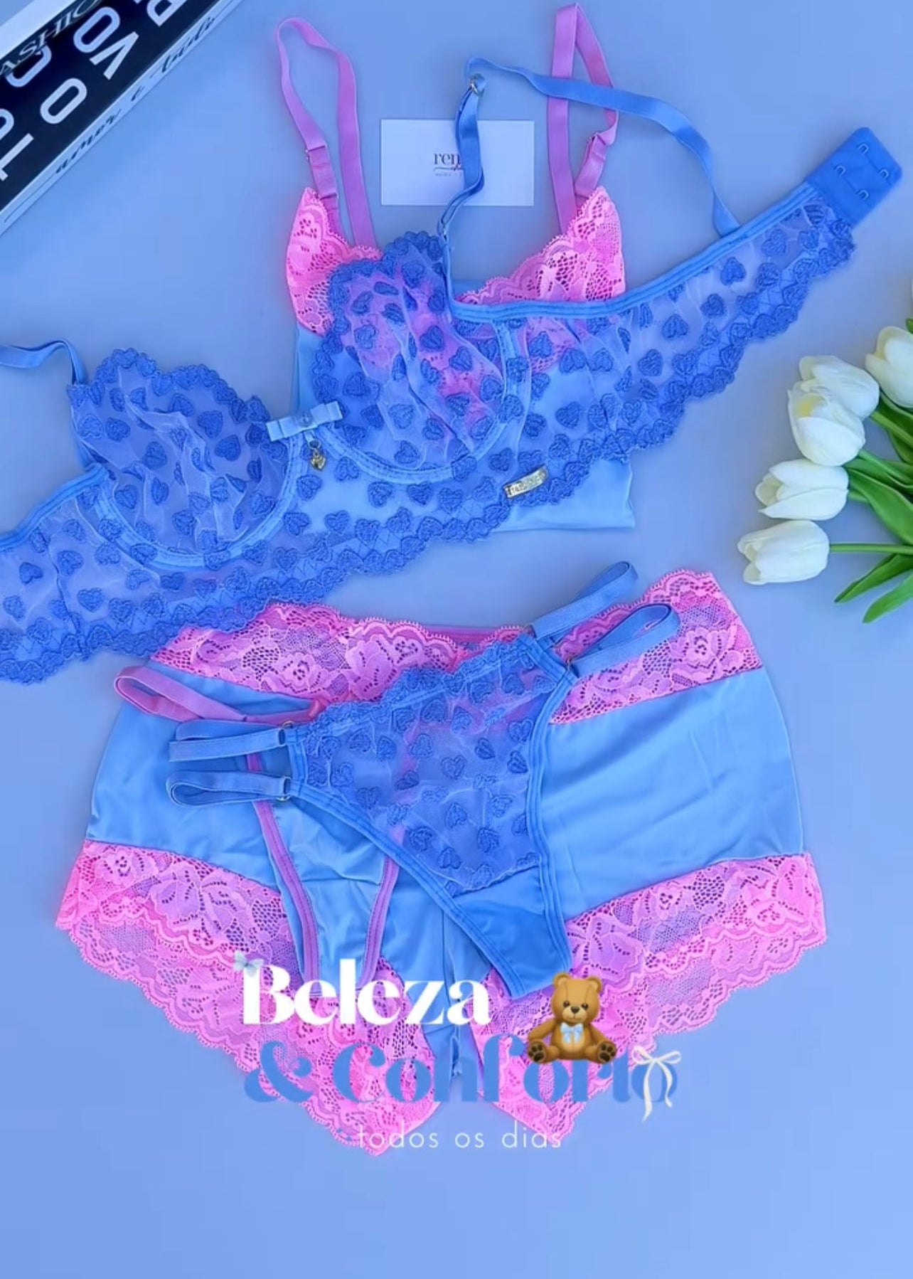 Édition Baby Blue and Bubbaloo Pink - Combo 5 peças: Conjunto de pijama curto + Conjunto Amour Désiré