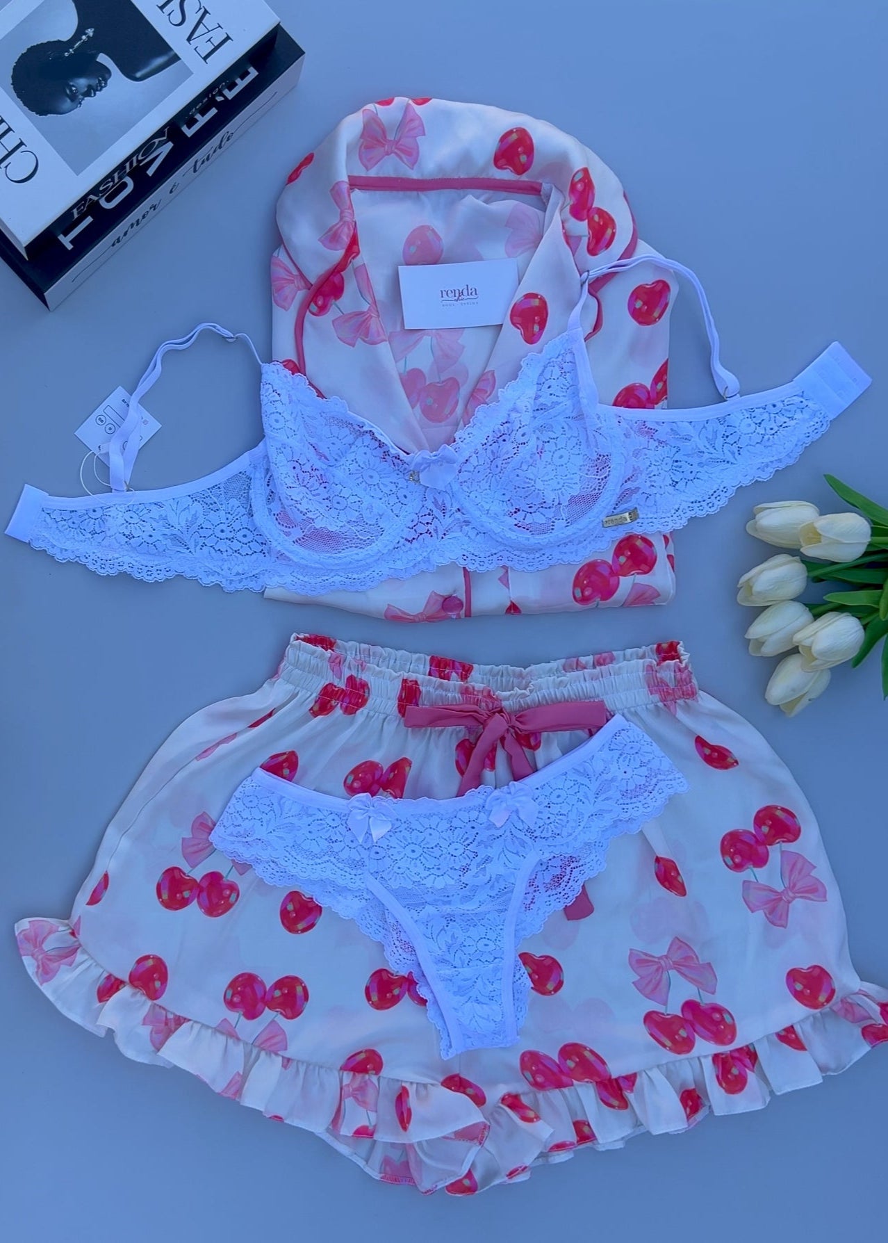 Édition Cerise Mignonne — Combo 4 peças: Conjunto de pijama curto + Conjunto Jolie Detelle