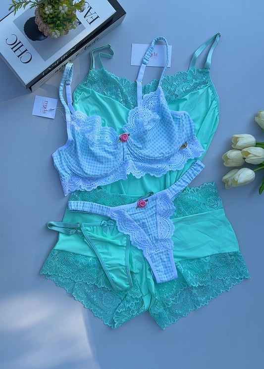 Édition Mint Green — Combo 5 peças: Conjunto de pijama curto + Conjunto Amour Champêtre