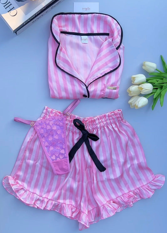 Édition Douce Romance — Combo 3 peças: Conjunto de pijama curto + Cotton Candy — Calcinha Fio com Regulagem de Coração