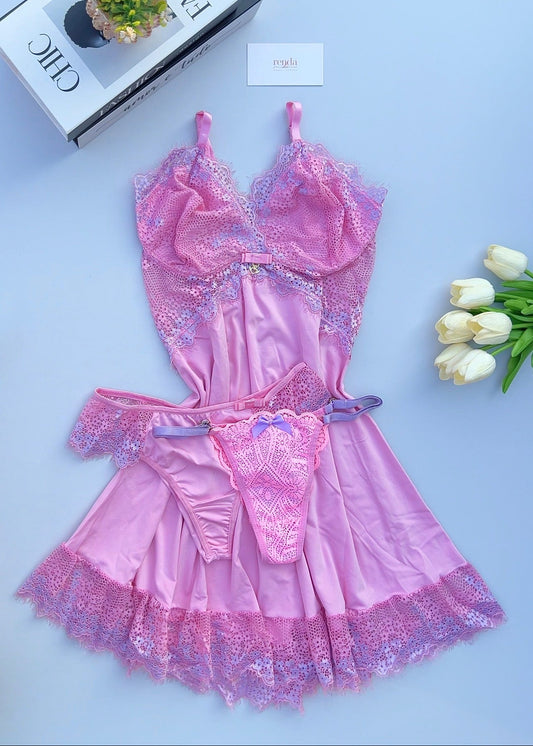 Édition Bubbaloo Pink and Lavander — Combo 3 peças: Camisola e Calcinha + Calcinha Fio com regulagem de coração