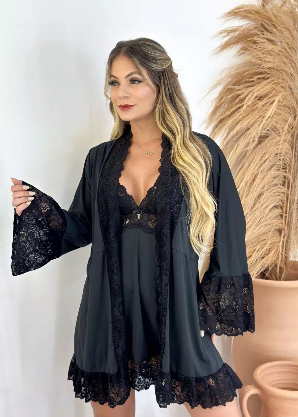 Kit Robe + Conjunto de Camisola + Calcinha - Noir Absolu
