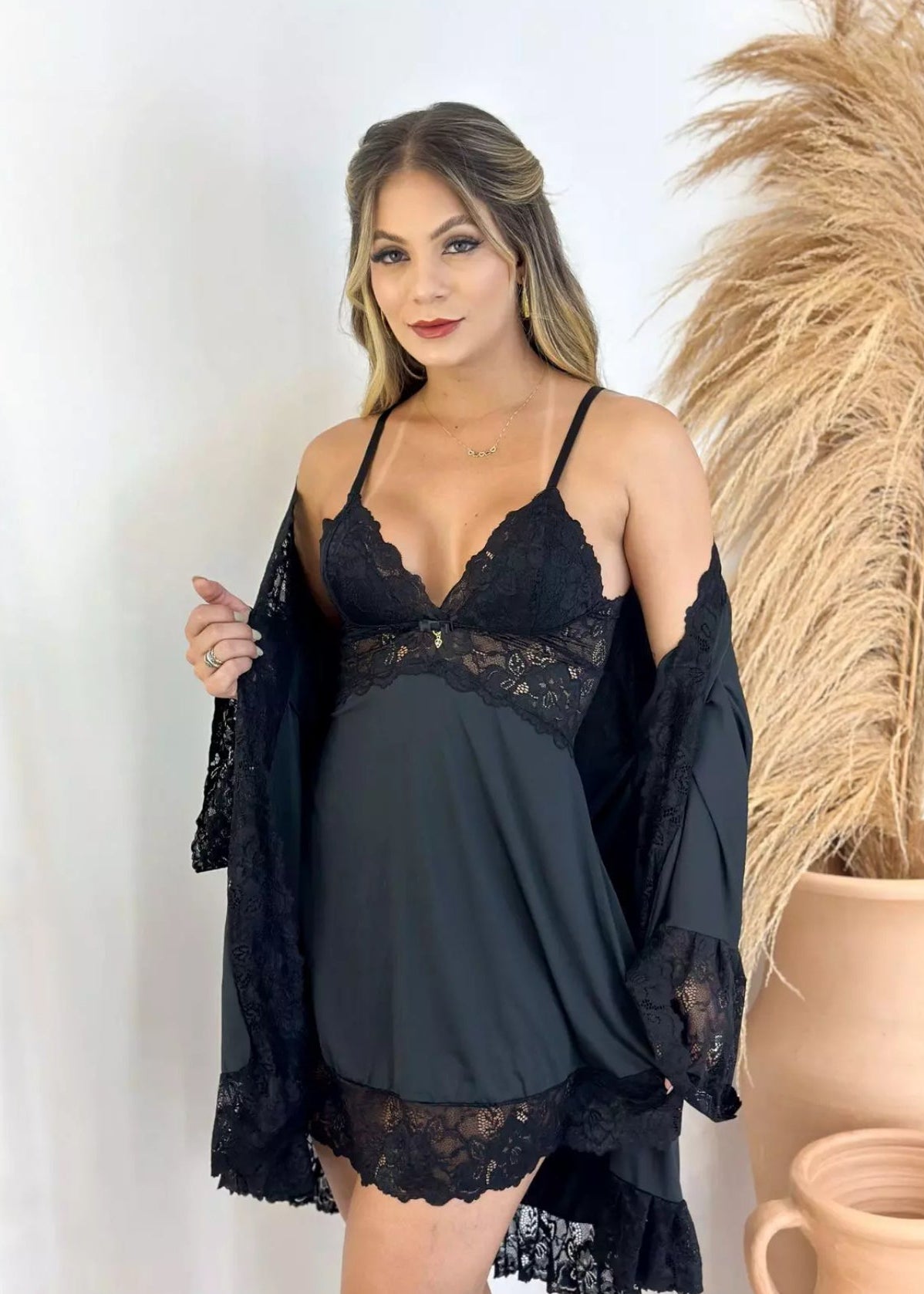 Kit Robe + Conjunto de Camisola + Calcinha - Noir Absolu