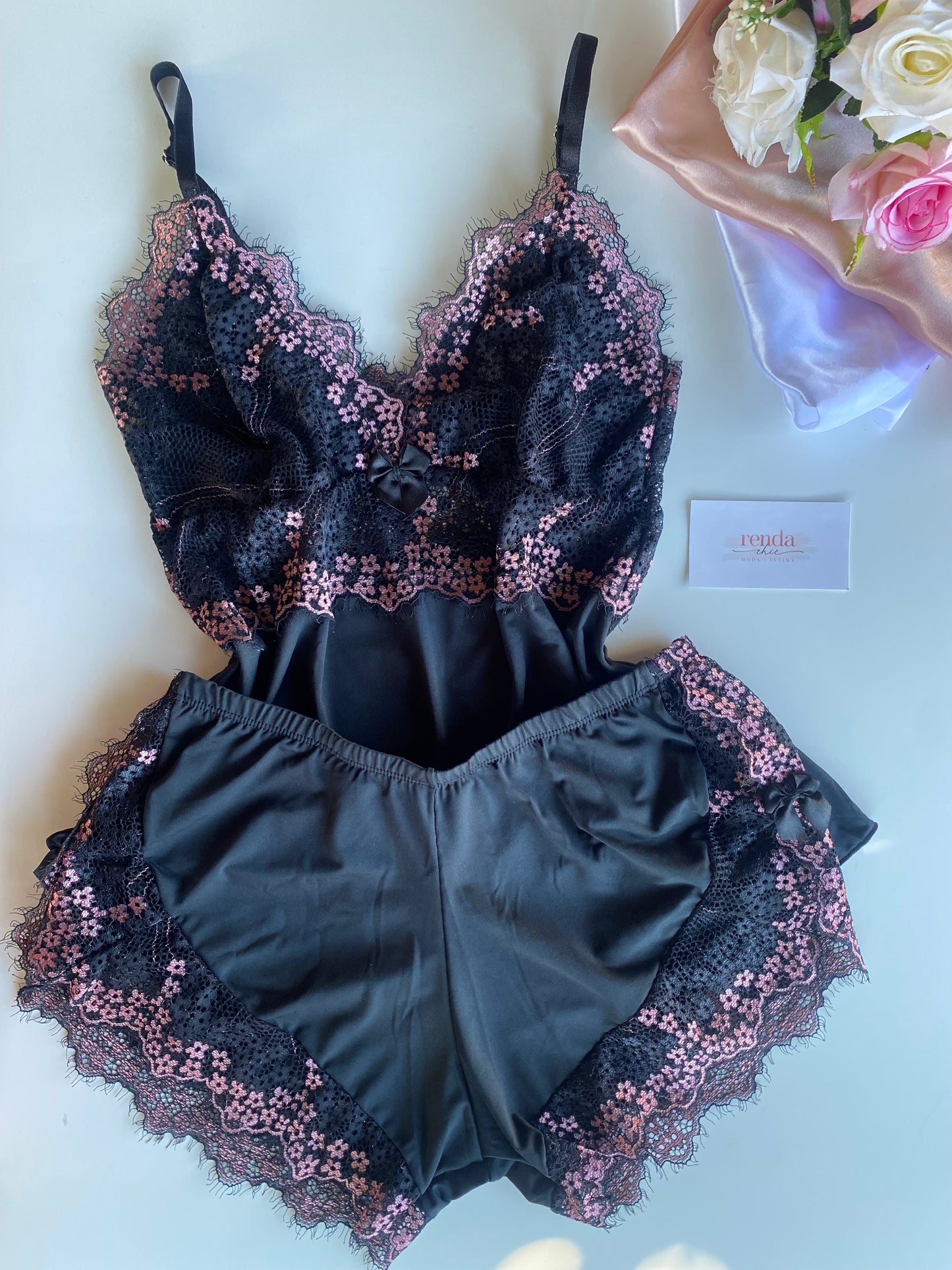 BABY DOLL AURORA - PRETO E ROSE