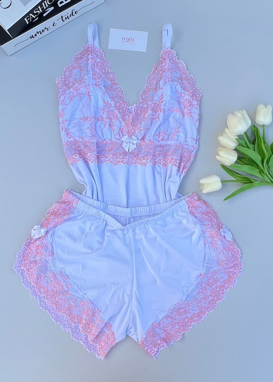 Conjunto de pijama curto - White and Light Pink