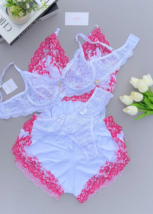 Édition White and Pink Desire — Combo 4 peças: Conjunto de pijama curto + Conjunto Jolie Detelle