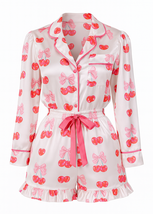 Édition Cerise Mignonne — Pijama Longo com Estampa Exclusiva e Babados