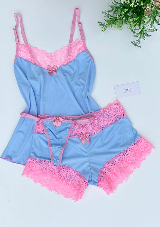 SHORTDOLL AURORA – AZUL BEBÊ E ROSA BUBBALOO
