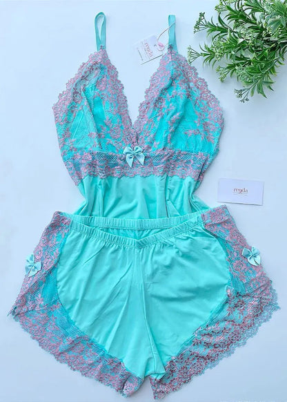 Conjunto de pijama curto - Light Green and Pink