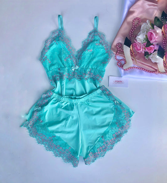 BABY DOLL AURORA – VERDE ÁGUA E ROSE PASTEL