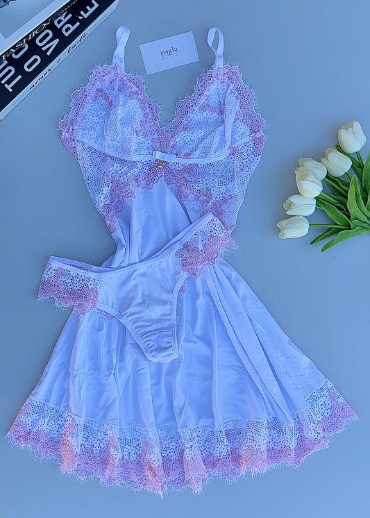 Conjunto de Camisola + Calcinha – White and Baby Pink