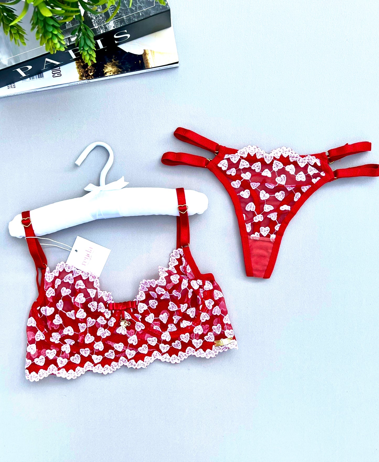 CONJUNTO ELOISE – TULE BORDADO COM CORAÇÕES – FIO DUPLO