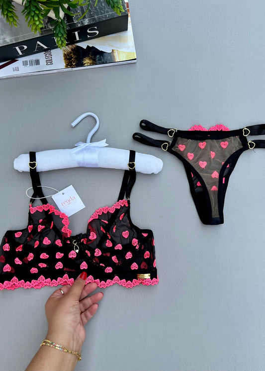 Conjunto Amour Désiré Noir et Rose - Tule bordado com corações - fio duplo