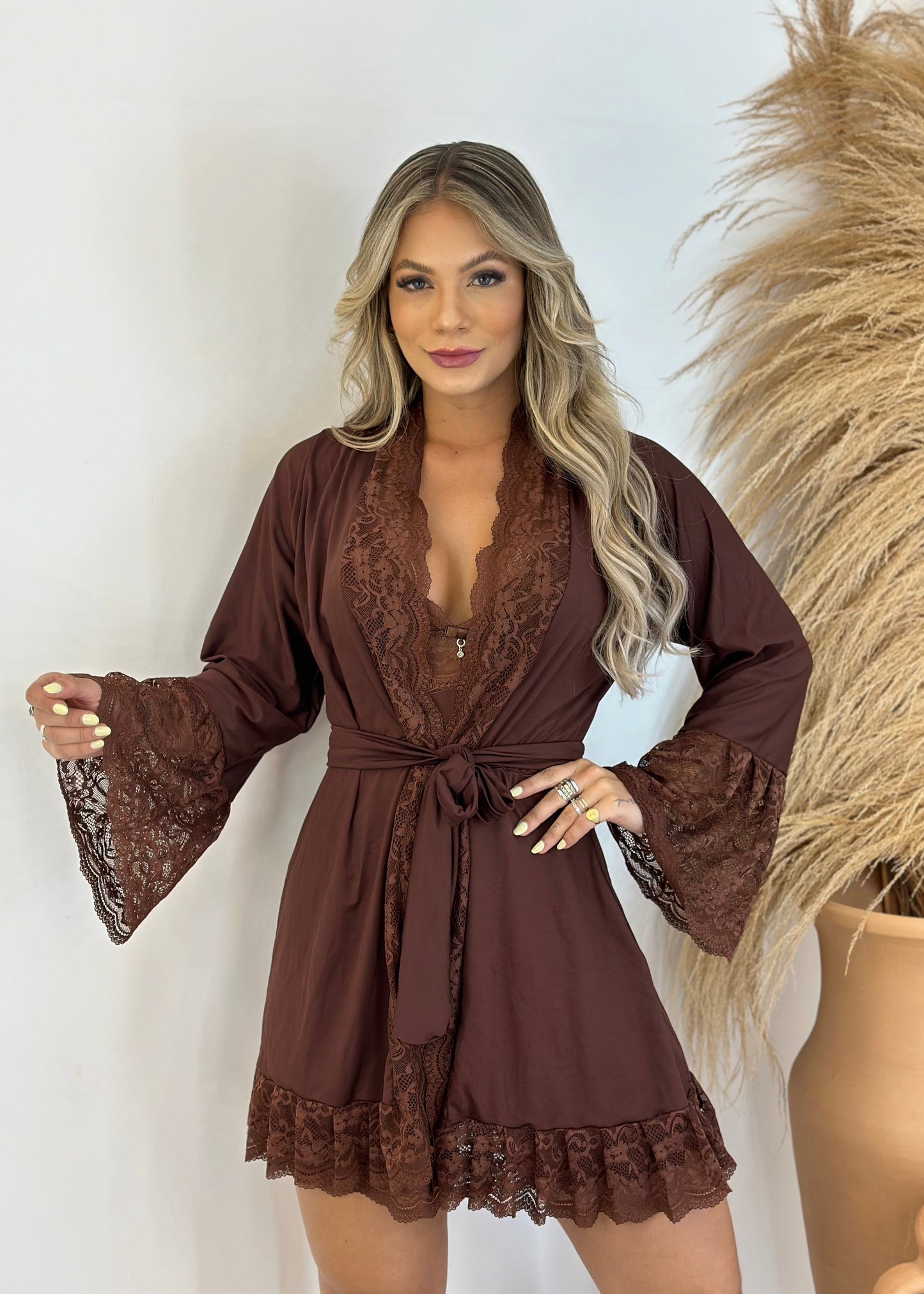 Kit Robe + Conjunto de Camisola + Calcinha - Mocha Mousse
