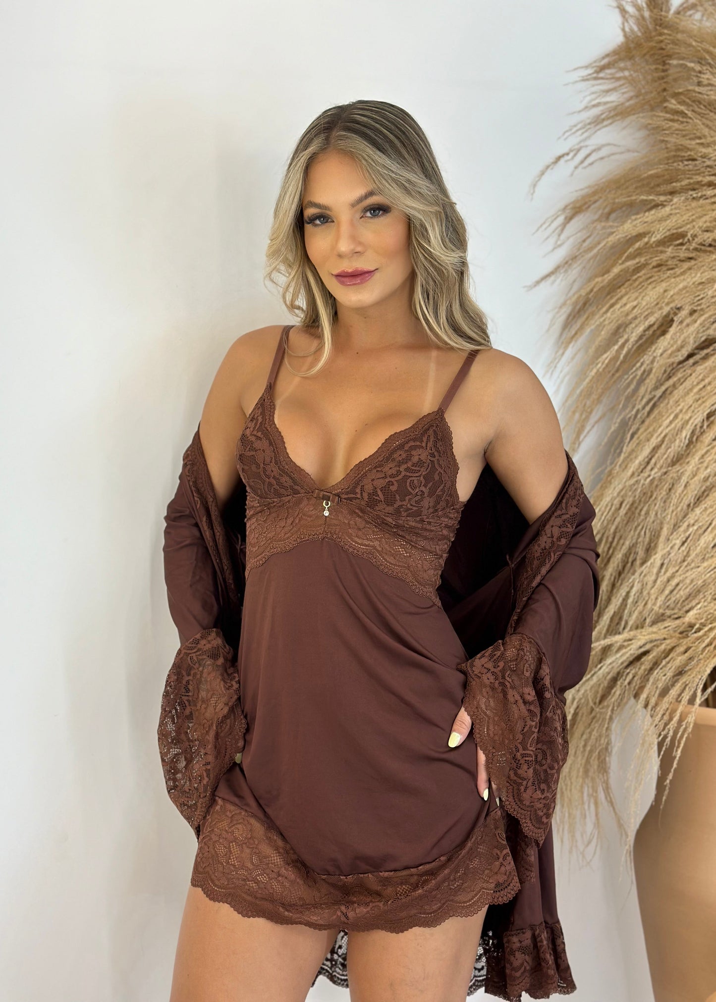 Kit Robe + Conjunto de Camisola + Calcinha - Mocha Mousse