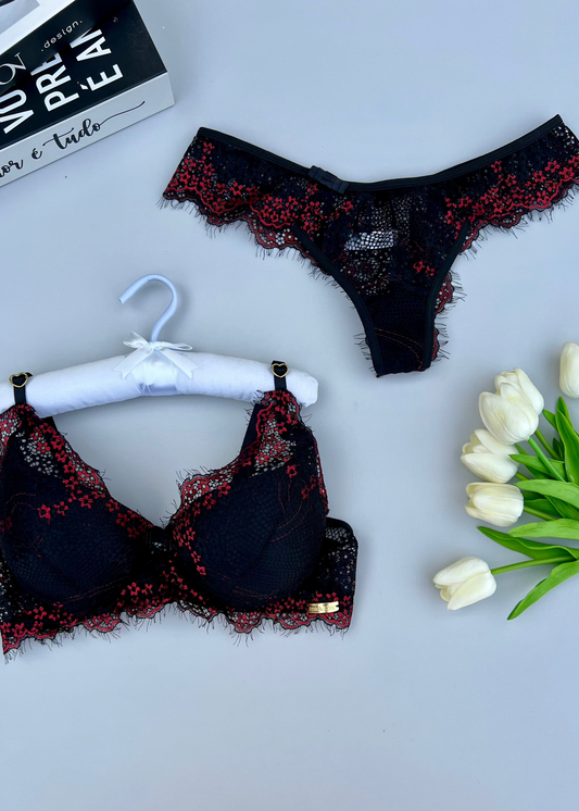 Conjunto Essentiel Noir et Rouge - Renda bicolor