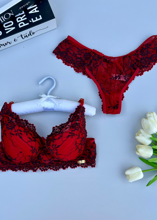 Conjunto Essentiel Rouge et Noir - Renda bicolor
