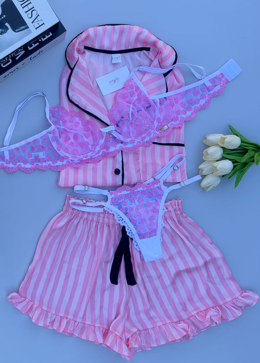 Édition Douce Romance — Combo 4 peças: Conjunto de pijama curto + Conjunto Amour Désiré