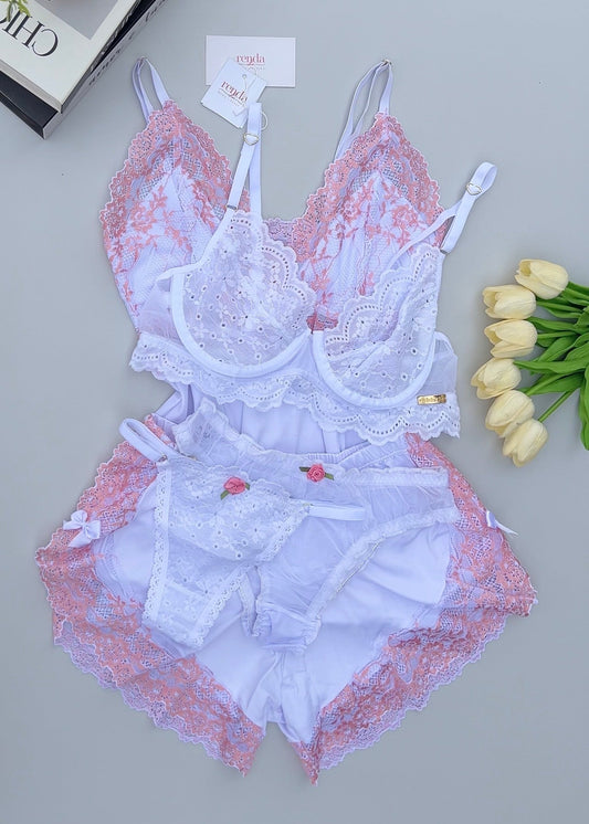 Édition White and Light Pink— Combo 5 peças: Conjunto de pijama curto + Conjunto Fleur de Grâce