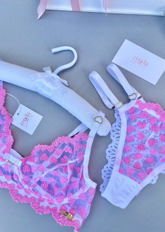 Conjunto Amour Désiré Blanc et Rose - Tule bordado com corações - fio duplo