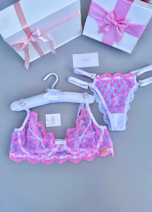 Conjunto Amour Désiré Blanc et Rose - Tule bordado com corações - fio duplo