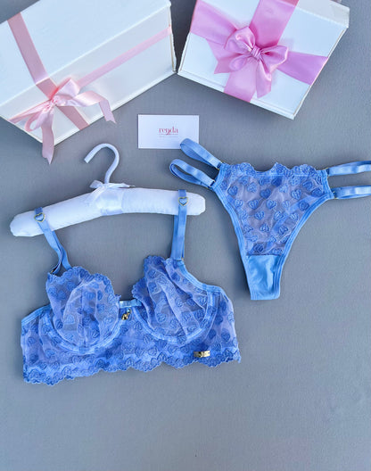CONJUNTO ELOISE – TULE BORDADO COM CORAÇÕES – FIO DUPLO