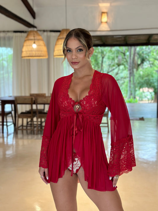 KIT ROBE EM TULE + CONJUNTO JASMINE – TECIDO TRANSPARENTE COM APLICAÇÕES EM RENDA - VERMELHO E MARFIM