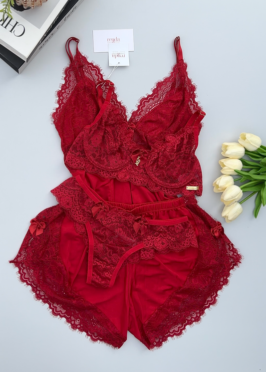 Édition Rubi Red - Combo 4 peças: Conjunto de pijama curto + Conjunto Jolie Dentelle Rouge Passion